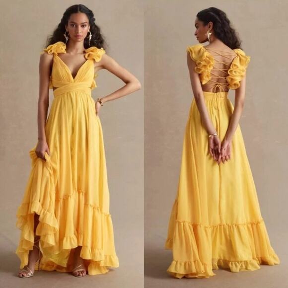 Mac Duggal 68094 Chiffon A-Line Evening Gown Sleeveless Marigold Metallic 8 - Picture 1 of 15